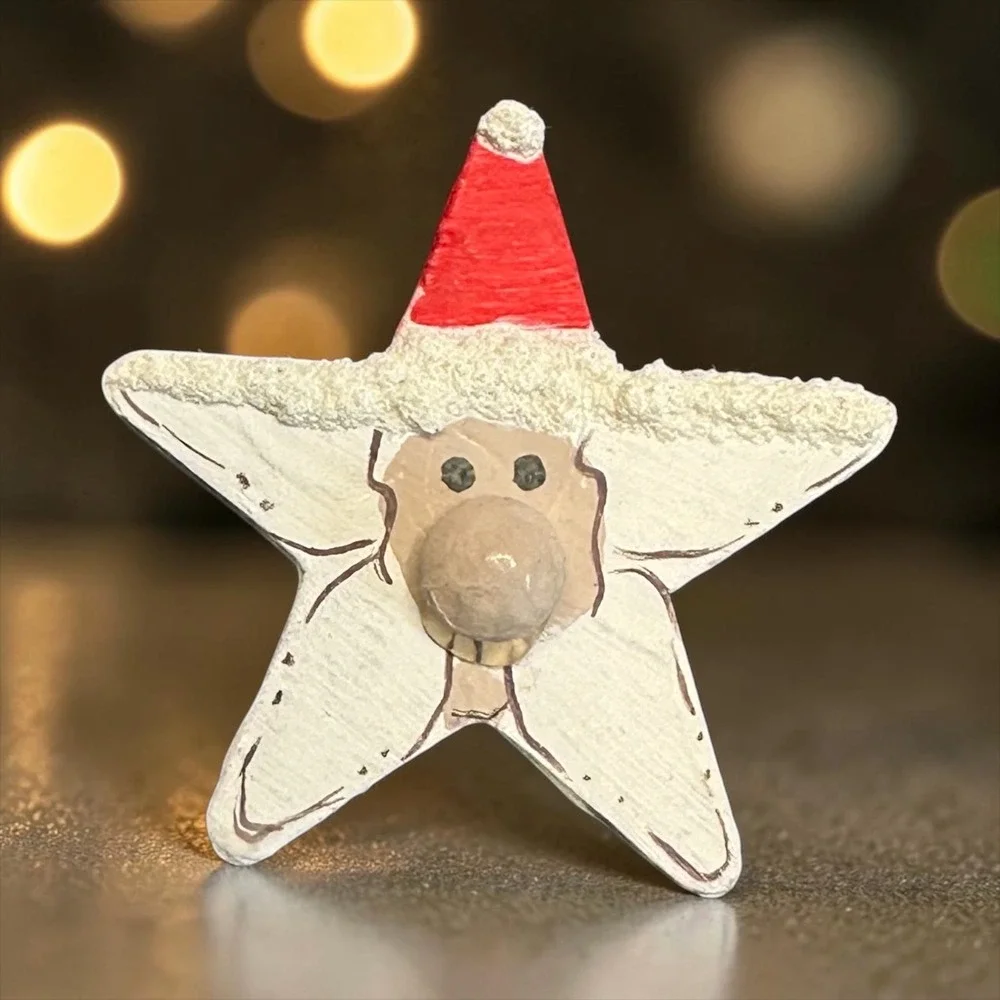 Primitive Wooden Santa Star Brooch Rustic Christmas Folk‎ Art Pin Holiday